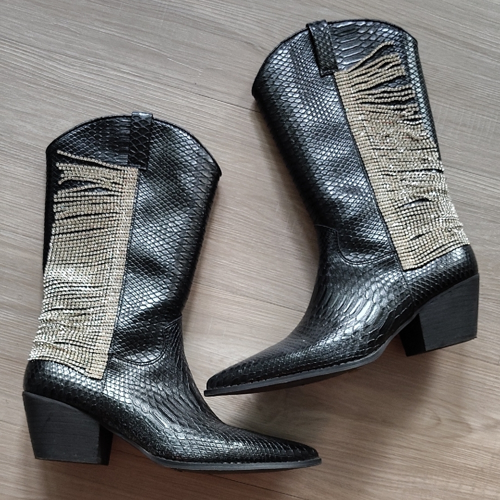 Black Heeled Cowboys Boots with Textured Design